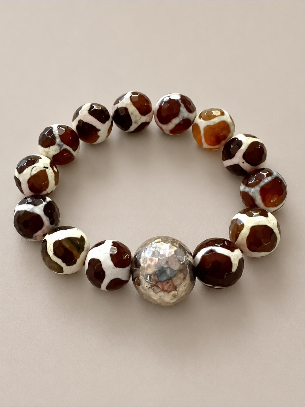 Chunky Brown White Faceted Bead Stretch Bracelet Hammered Silver Boho